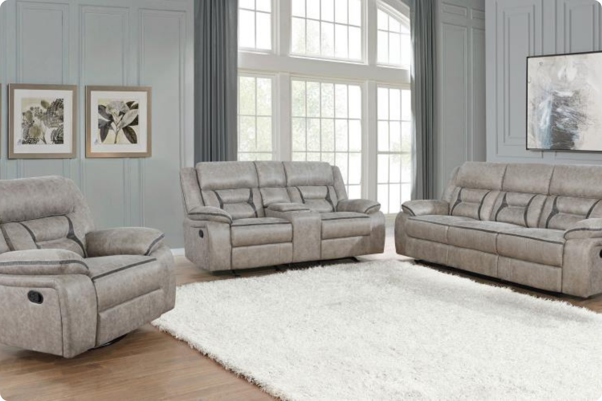 GREER  UPHOLSTERED RECLINING SOFA SET TAUPE