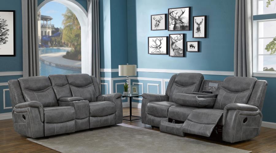 CONRAD  UPHOLSTERED PADDED ARM MOTION SOFA SET GREY