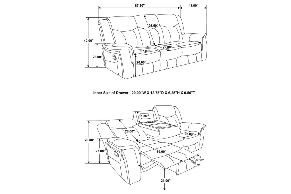 CONRAD  UPHOLSTERED PADDED ARM MOTION SOFA SET GREY