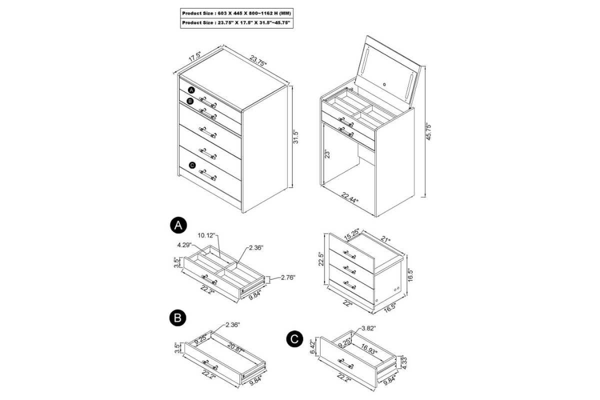 DANBURY 3-DRAWER MAKEUP VANITY & STOOL SET HIGH GLOSS