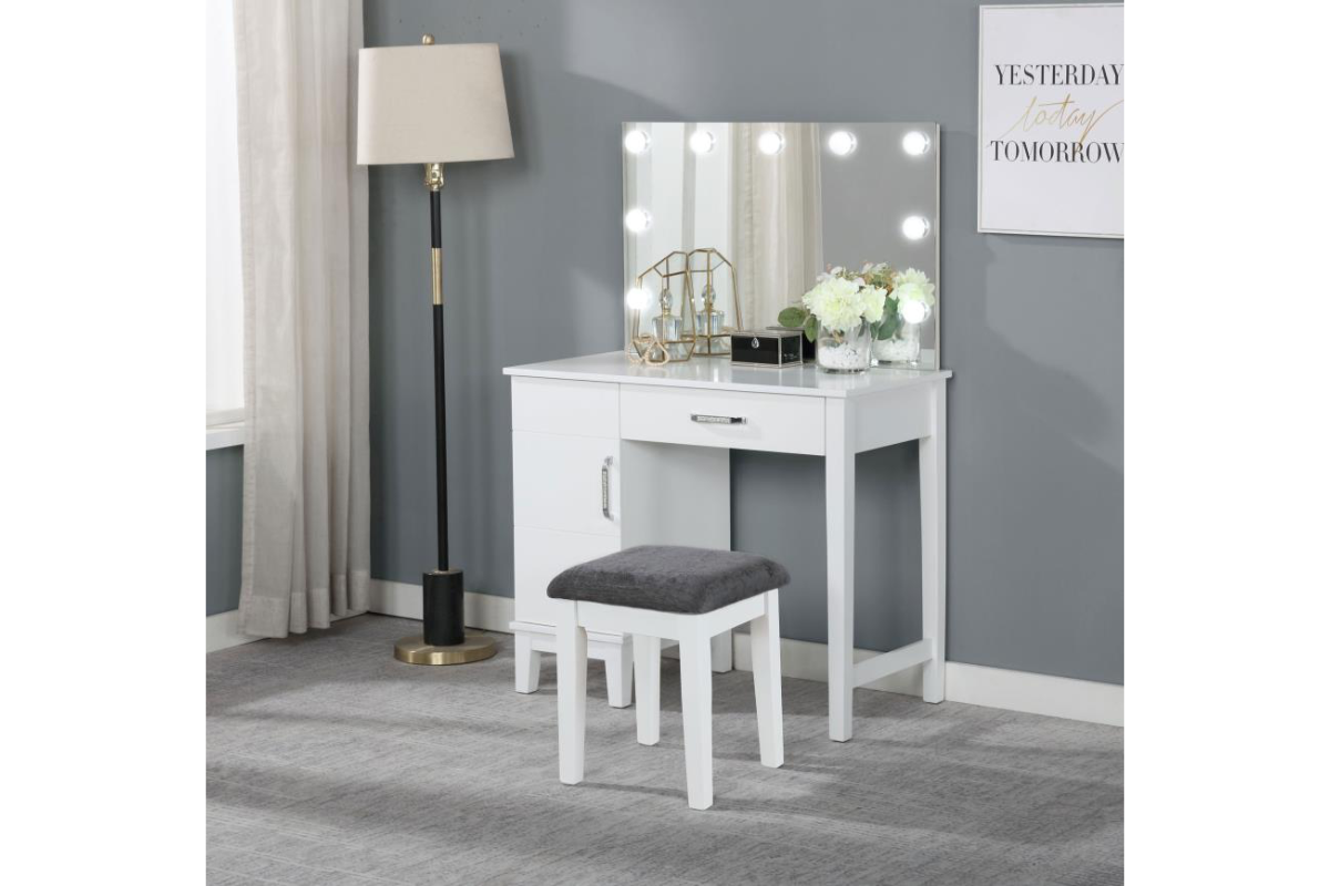 ELIJAH VANITY SET WITH LIGHTING & STOOL WHITE AND DARK GREY