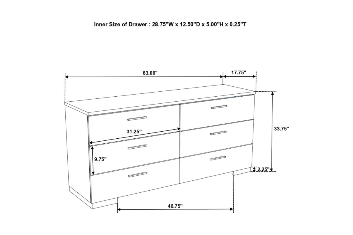 FELICITY 6-DRAWER DRESSER WHITE HIGH GLOSS