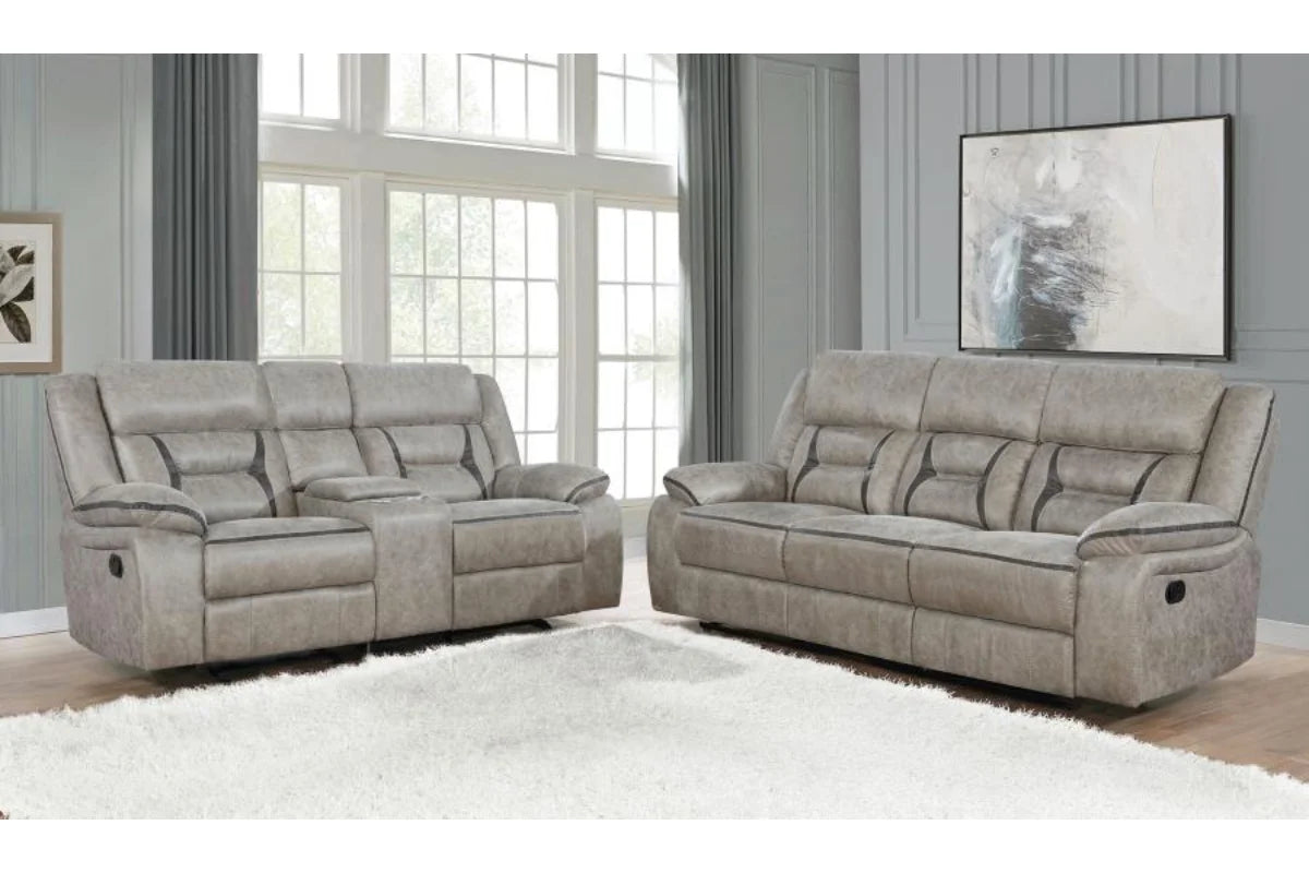 GREER  UPHOLSTERED RECLINING SOFA SET TAUPE
