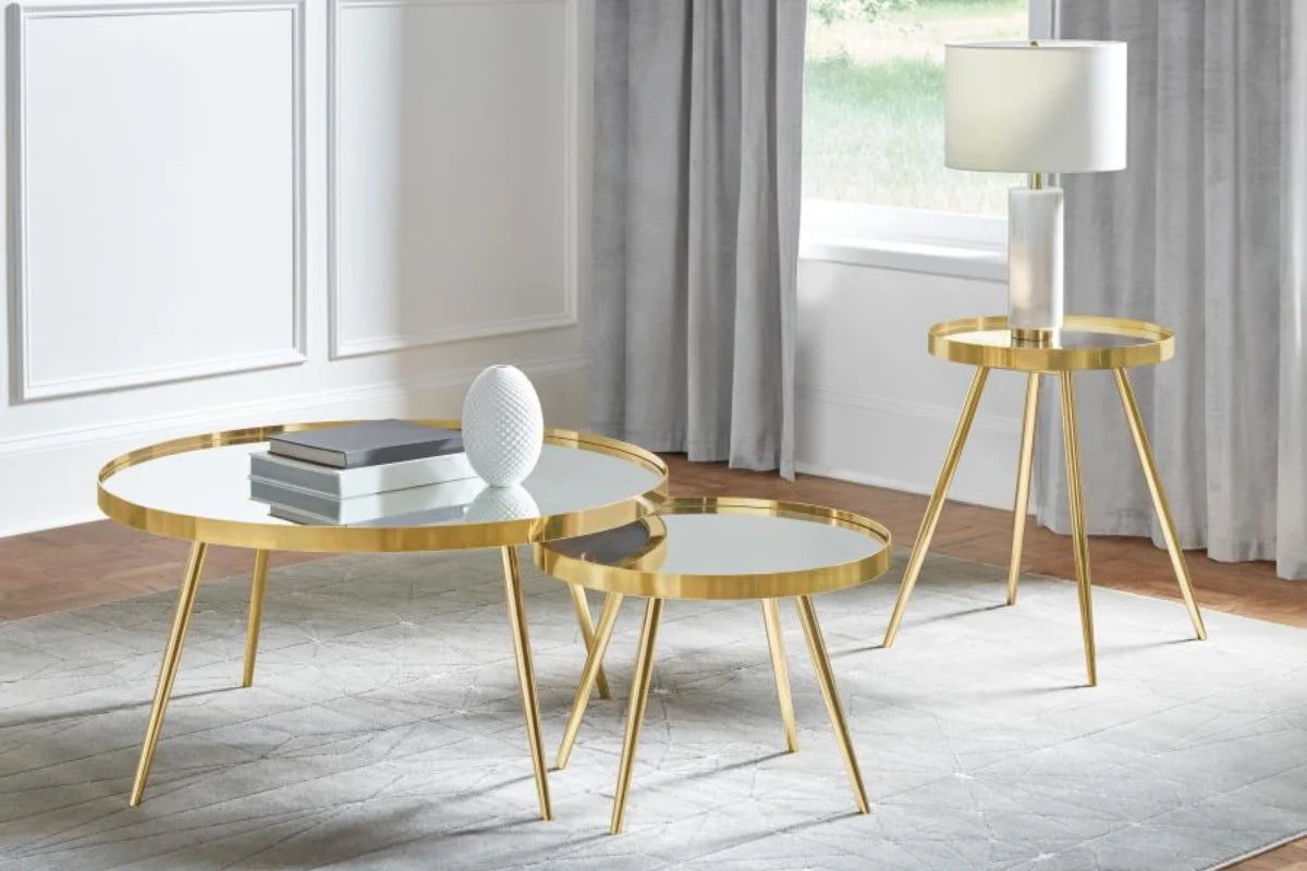 KAELYN 3-PIECE ROUND COFFEE AND END TABLE SET GOLD