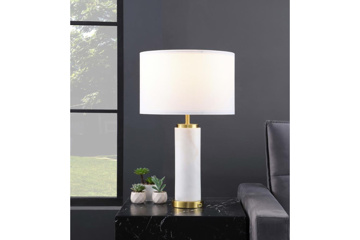 LUCIUS 25-INCH DRUM SHADE MARBLE BODY TABLE LAMP WHITE