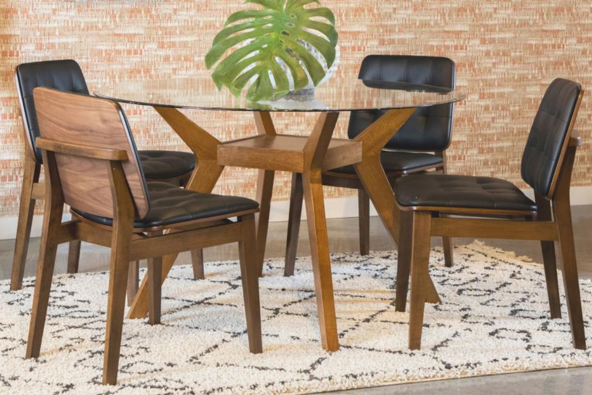 PAXTON 5-PIECE ROUND GLASS TOP DINING TABLE SET NUTMEG