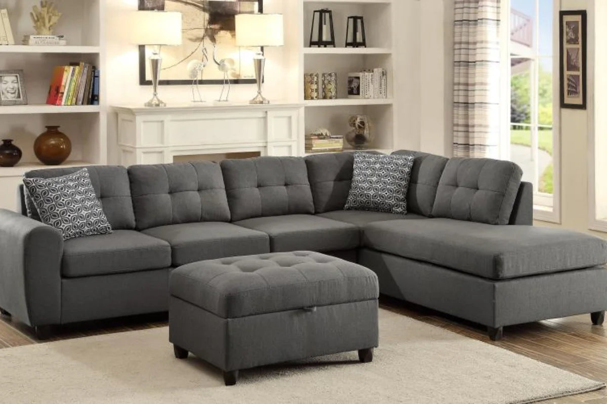 STONENESSE UPHOLSTERED SECTIONAL CHAISE SOFA & OTTOMAN GREY