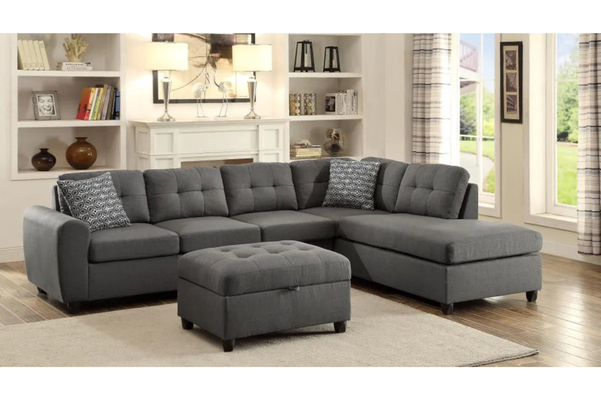 STONENESSE UPHOLSTERED SECTIONAL CHAISE SOFA & OTTOMAN GREY