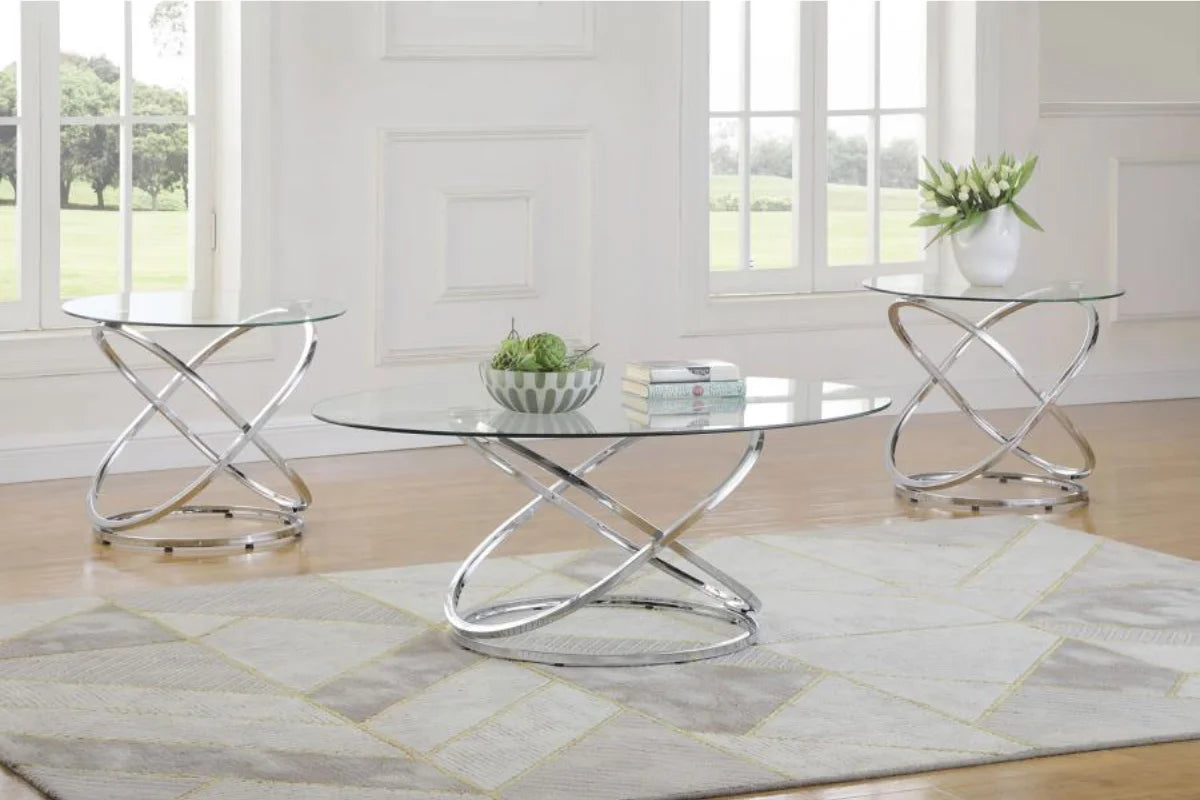 WARREN 3-PIECE OVAL GLASS TOP COFFEE TABLE SET CHROME