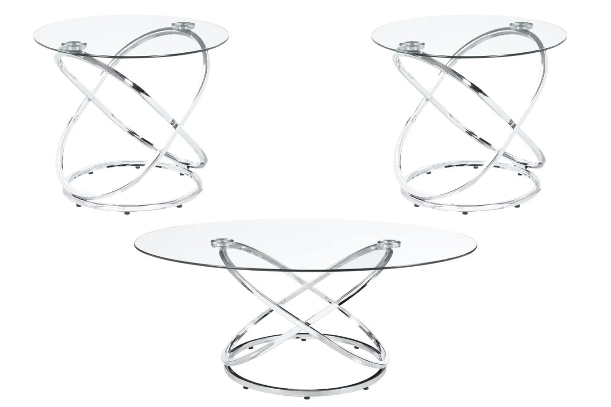 WARREN 3-PIECE OVAL GLASS TOP COFFEE TABLE SET CHROME