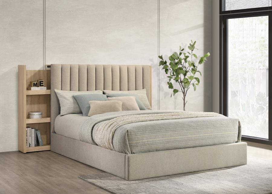 Arielle Upholstered Bookcase Bed Light Tan and Light Oak