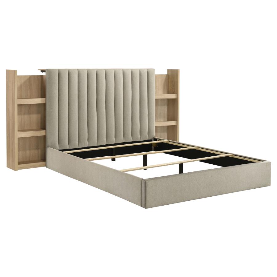 Arielle Upholstered Bookcase Bed Light Tan and Light Oak