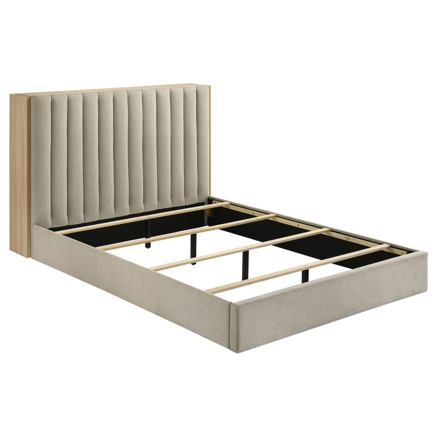 Arielle Upholstered Bookcase Bed Light Tan and Light Oak
