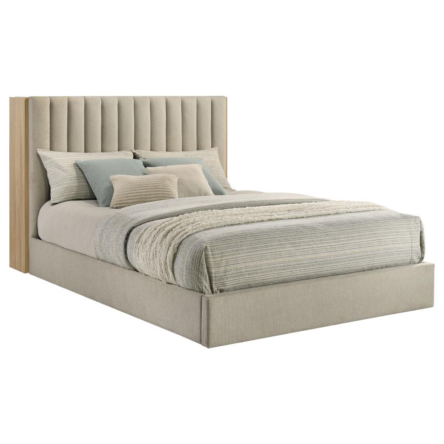 Arielle Upholstered Bookcase Bed Light Tan and Light Oak