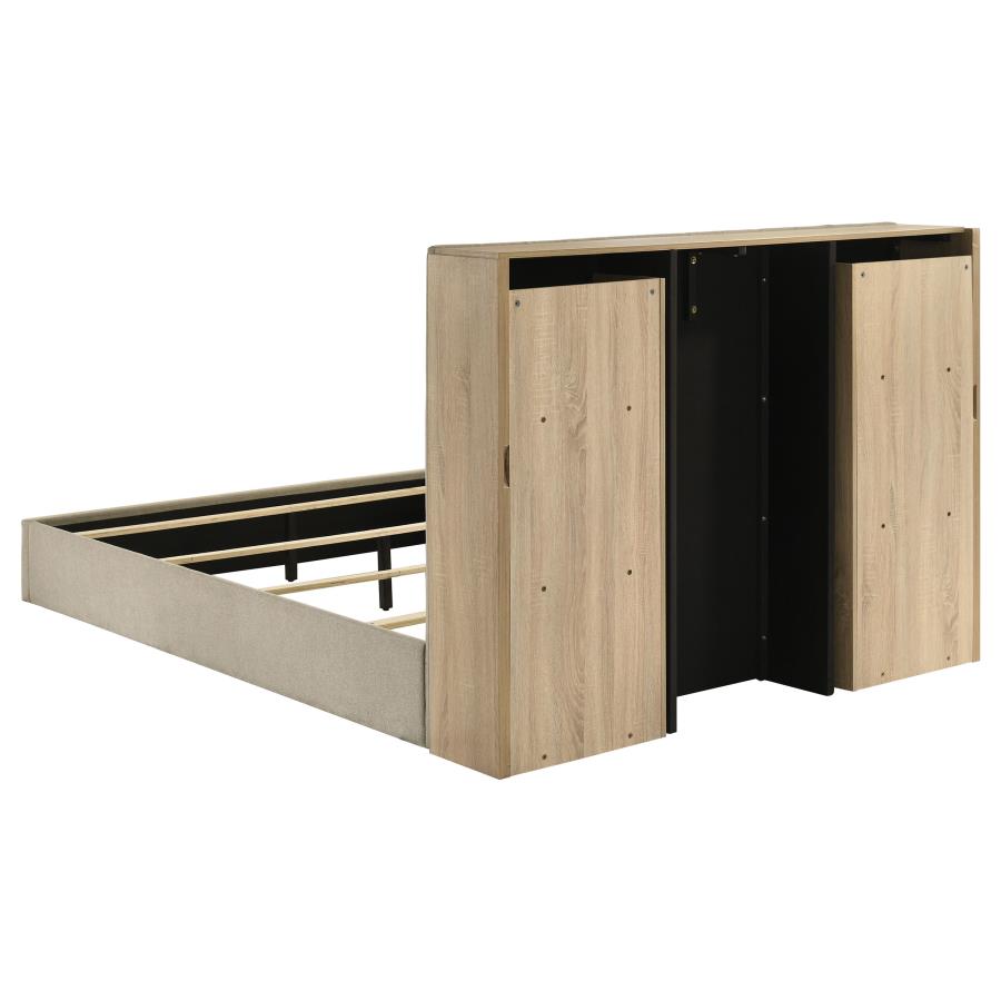 Arielle Upholstered Bookcase Bed Light Tan and Light Oak