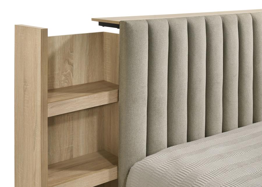 Arielle Upholstered Bookcase Bed Light Tan and Light Oak