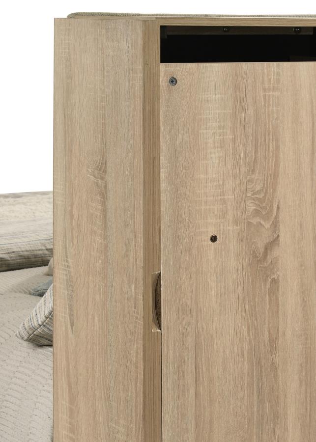 Arielle Upholstered Bookcase Bed Light Tan and Light Oak