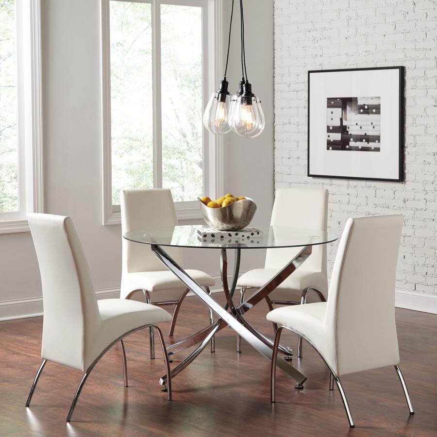 Beckham 5 Piece Round Glass Top Dining Set Chrome and White