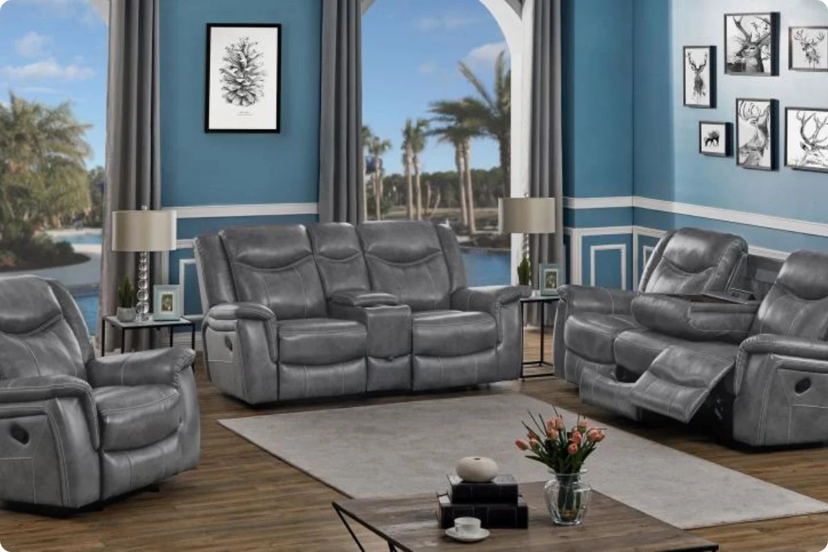 CONRAD  UPHOLSTERED PADDED ARM MOTION SOFA SET GREY
