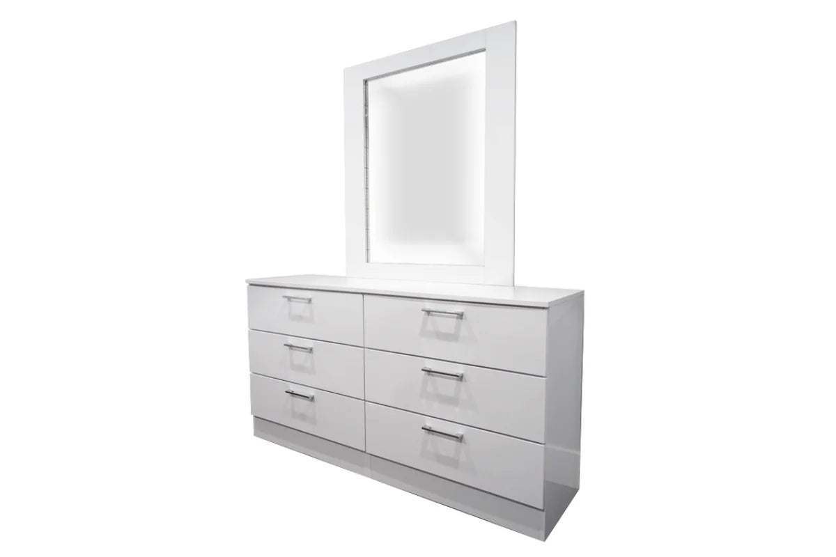 FLORENCE 6-DRAWER WOOD DRESSER WITH MIRROR WHITE HIGH GLOSS