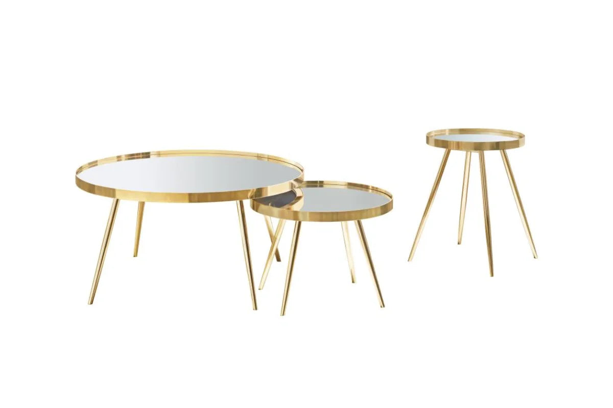 KAELYN 3-PIECE ROUND COFFEE AND END TABLE SET GOLD