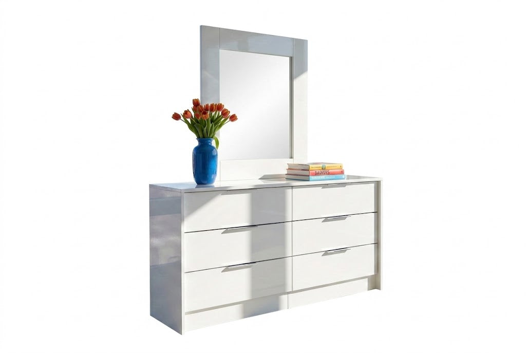 FLORENCE 6-DRAWER WOOD DRESSER WITH MIRROR WHITE HIGH GLOSS