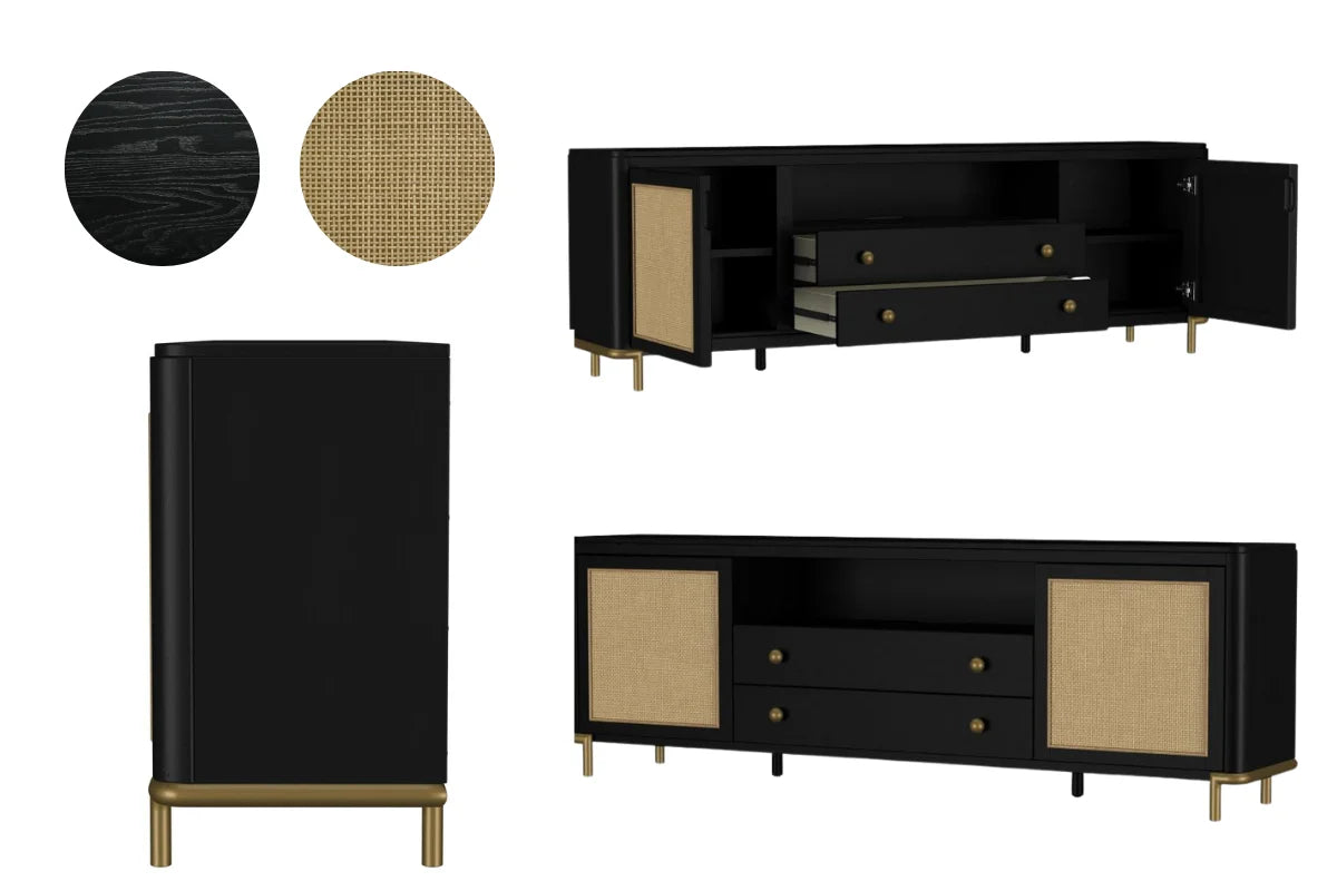 Arini rattan cane 2-door tv stand media console black