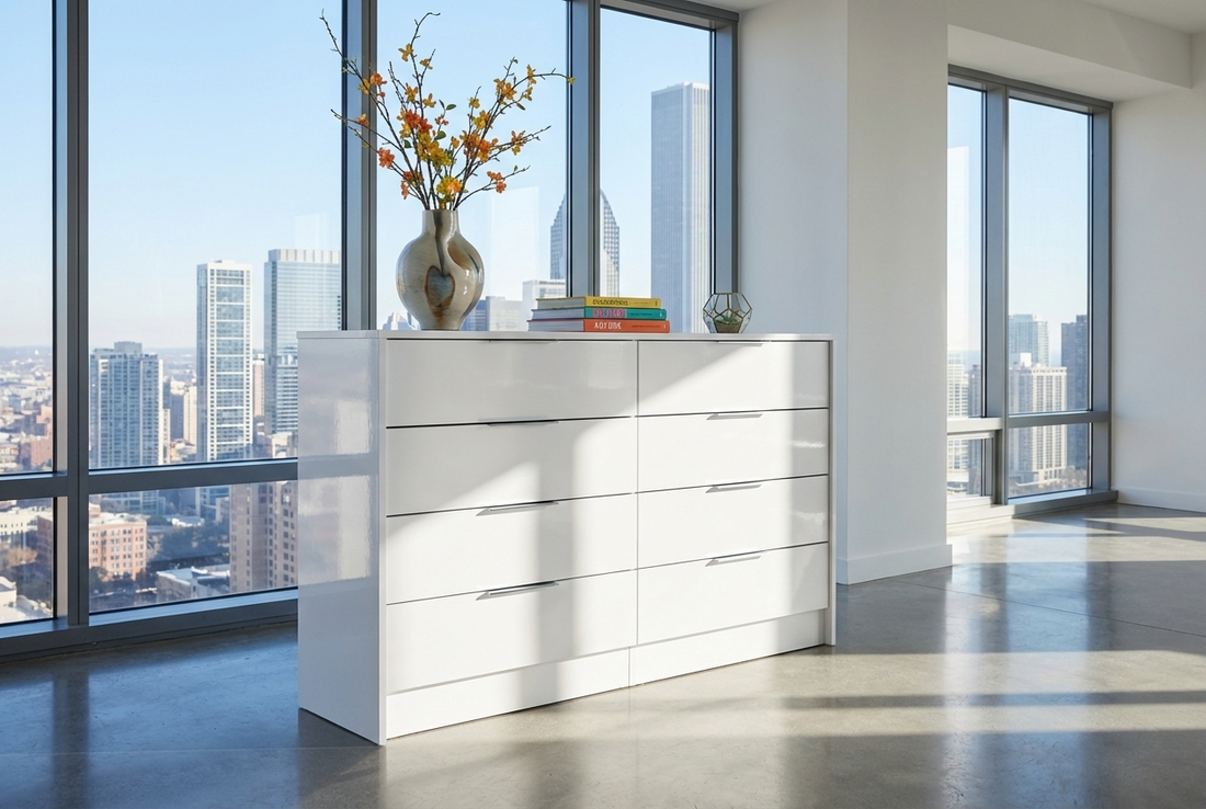 FLORENCE 8-DRAWER DRESSER WHITE HIGH GLOSS