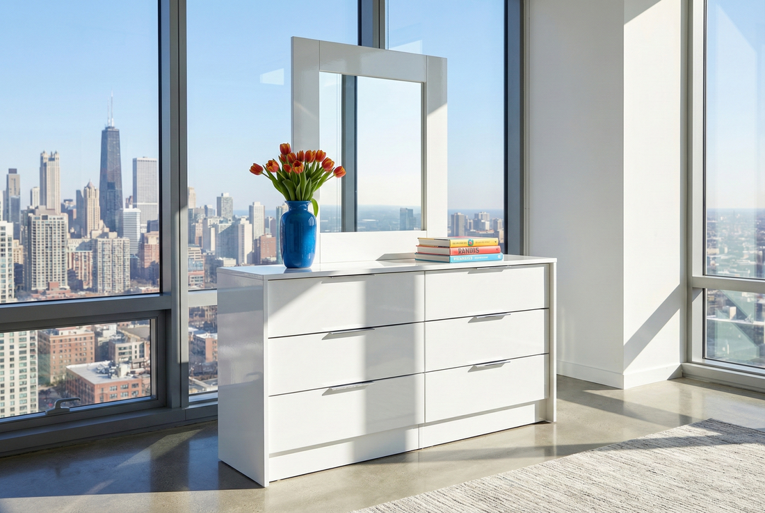 FLORENCE 6-DRAWER WOOD DRESSER WITH MIRROR WHITE HIGH GLOSS