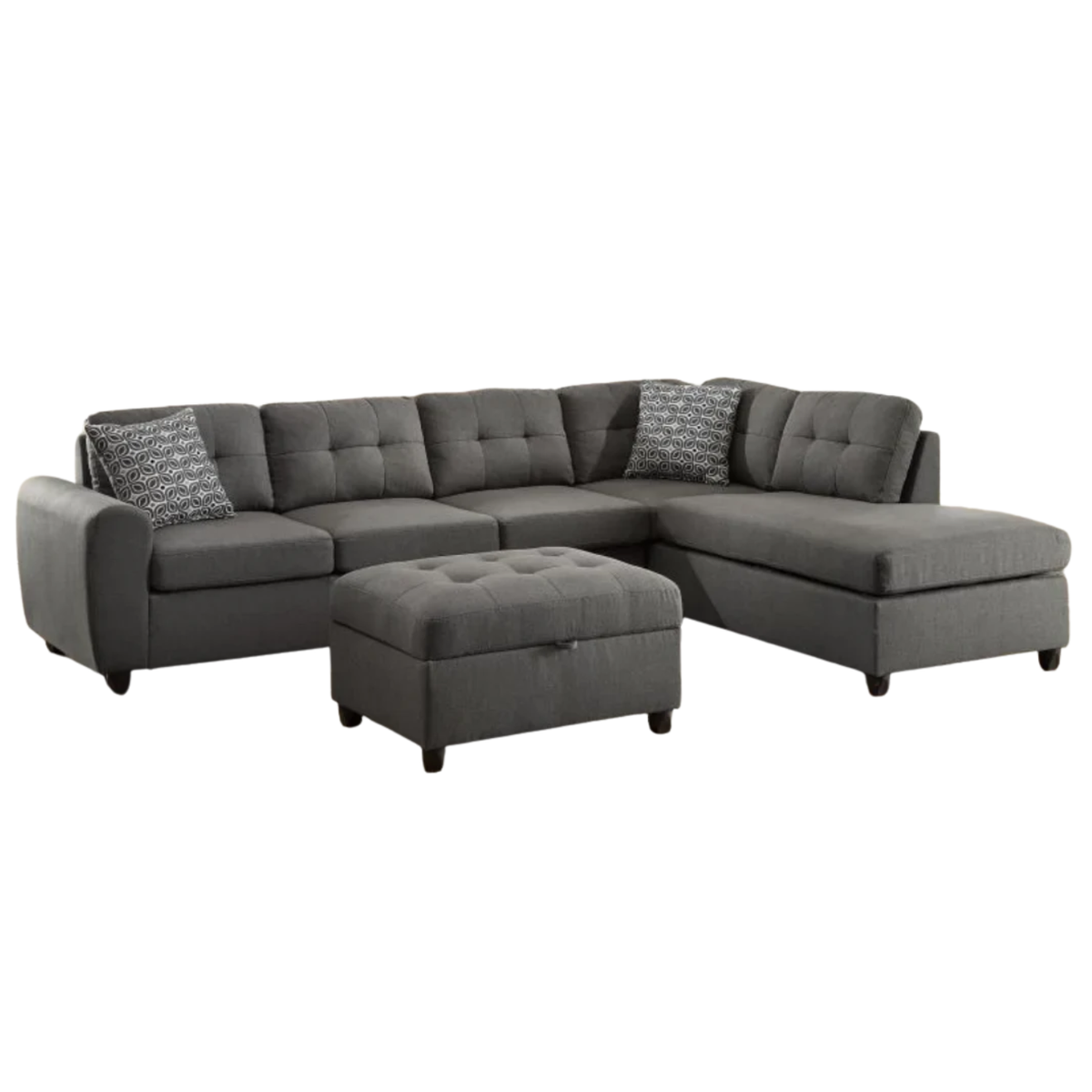 STONENESSE UPHOLSTERED SECTIONAL CHAISE SOFA & OTTOMAN GREY