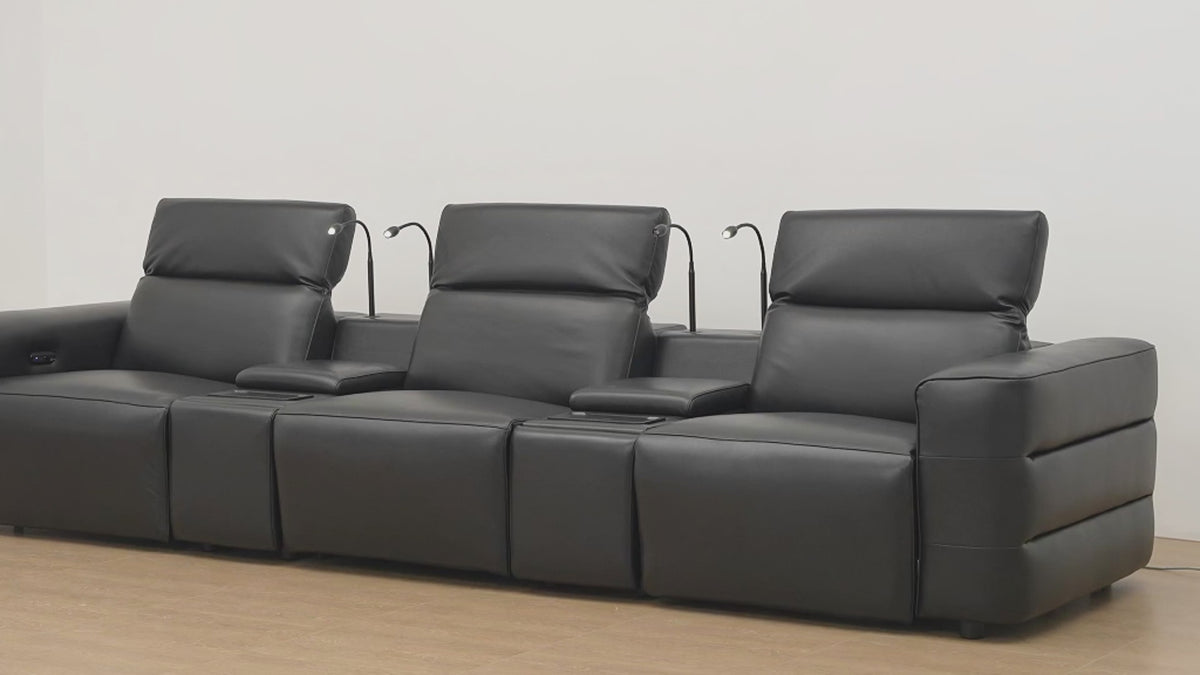 Load video: Diamante Italian Leather/Match Power Home Theater Recliner Row